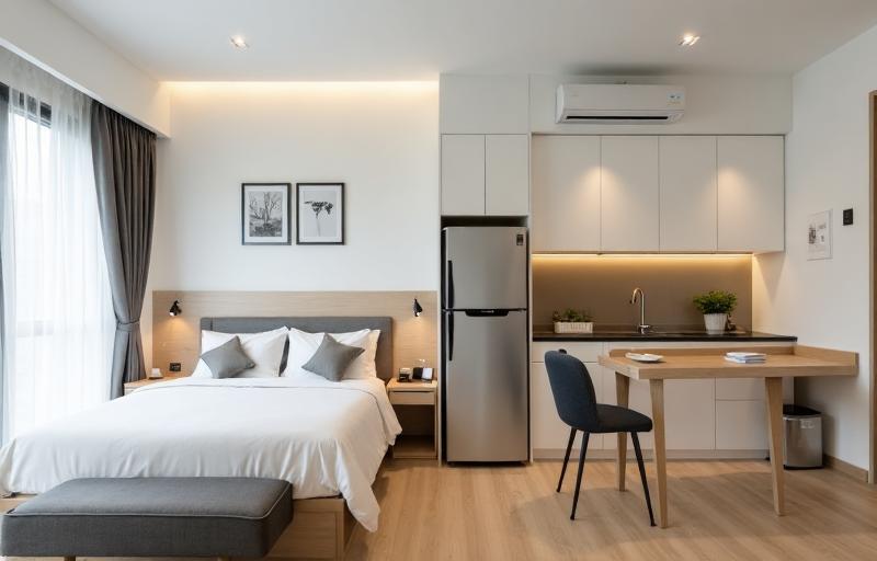 Furnished studio interior with a bed, kitchenette, dining table and air conditioning at Starz Valley Condo